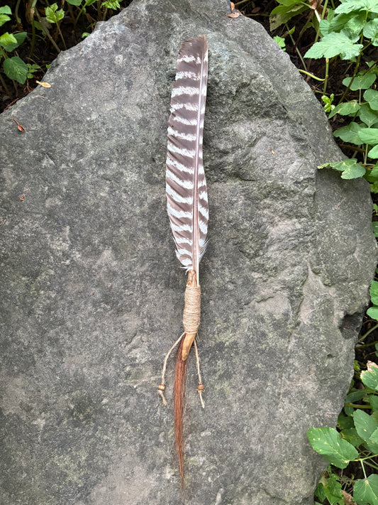 Prayer Smudge Feather: Turkey, Petrified Wood & Horse Hair